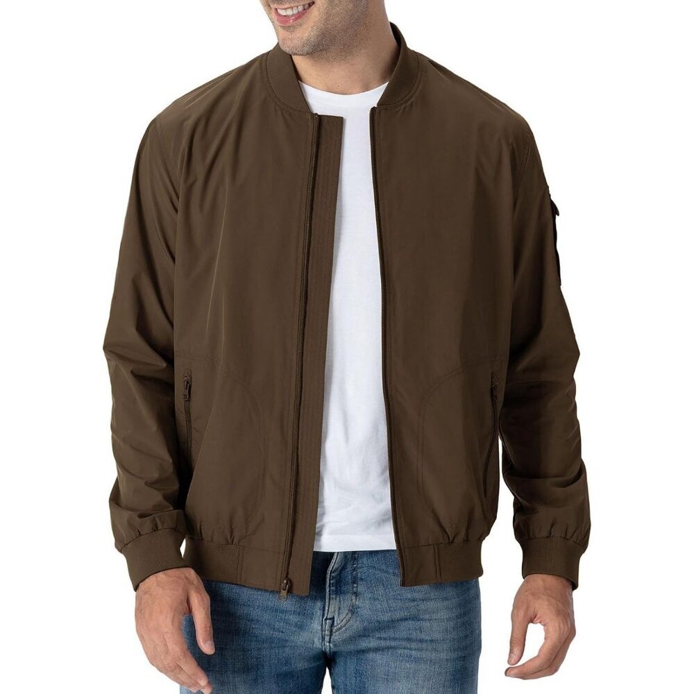 Men's 01 Brown Bomber Jacket Causal Stylish Fashion Front Zippered Pockets